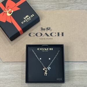 Coach NWT Designer Jewelry Boxed Teddy Bear And Bow Earrings And Necklace Set
